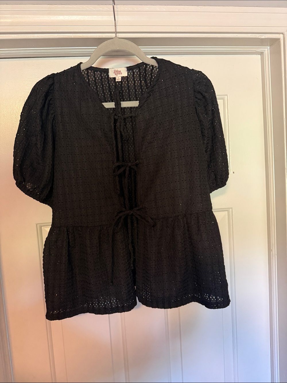 Love Black Eyelet Tie-Front Peplum Blouse